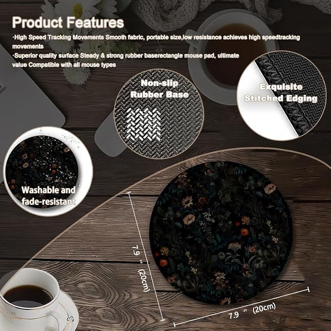 Dark Gothic Moody Floral Round Mouse Pad, Black Boho Mystical Exotic Botanical Flower Mousepad Mat for Home Office Computer Laptop Desk Accessories 7.9x7.9 in