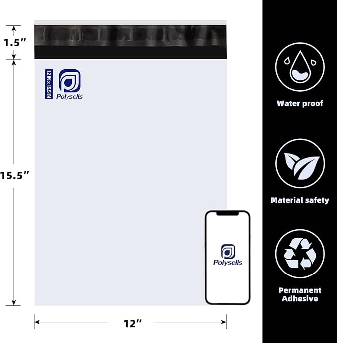POLYSELLS 200 pcs 12x15.5 Inch White Poly Mailers Shipping Envelopes, Strong Adhesive Sealing, Waterproof, and Tear-resistant Postal Mailing Bags for Clothing, Books, and Accessories