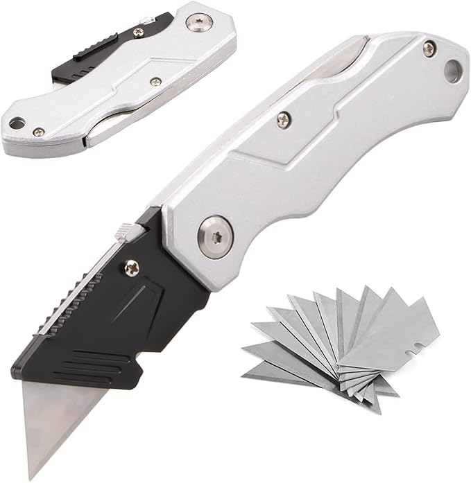 Heavy Duty Folding Utility Knife with 10 Extra Blades, Box Cutter with Belt Clip for Cardboard, Carton, Carpet Cutting, Aluminum Alloy Anti-slip Handle, Quick Replace Blade