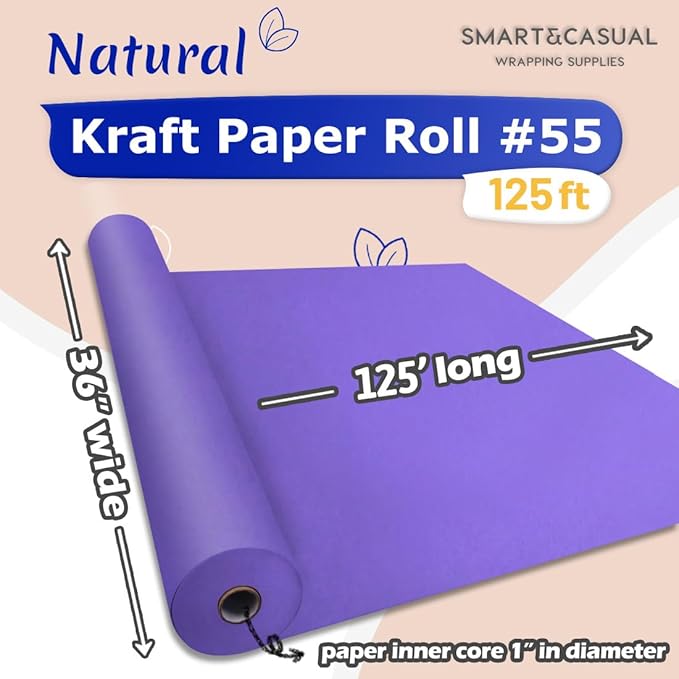SMART&CASUAL 36" x 1,500" (125') Purple Kraft Craft Paper Roll for Gift Wrapping Bulletin Board Bouquet Flower Kids Art Packing Parcel Table Covering 80GSM 55LB (Purple, 36" x 125')