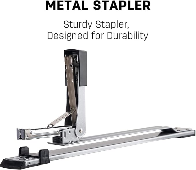 Deli Long Reach Stapler with 1000 Staples, 20 Sheet Capacity, Long Arm Standard Staplers for Booklet or Book Binding, Silver