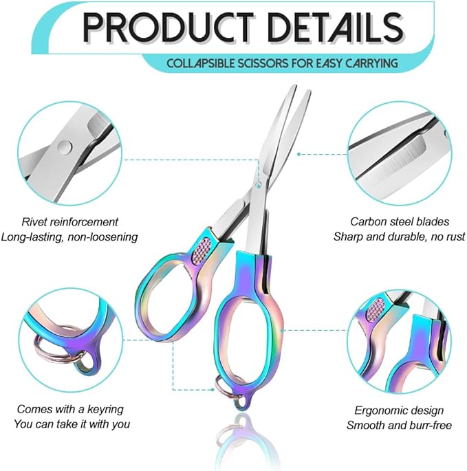 2PCS Folding Scissors, Color Stainless Steel Portable Travel Scissors, Foldable Pocket Badge Mini Small Scissor with 2 Key Ring, Gift for Men Safety Scissor for Outdoor, Fishing, Sewing, Home, Office