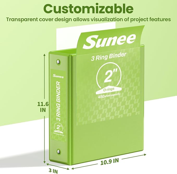 SUNEE 3 Ring Binder 2 Inch 1 Pack, Clear View Binder Three Ring PVC-Free (Fit 8.5x11 Inches) for School or Office Supplies, Tender Green