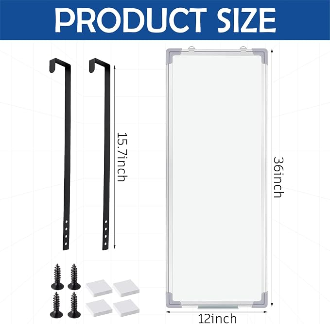 36 x 12 Inch Over the Door Whiteboard Hanging Dry Erase Board for Door 4 Adjustable Heights Aluminum Frame Small White Board for Dorm Home Office Cubicle Wall, Horizontal Vertical Installation