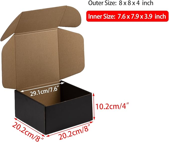 8x8x4 Inches Shipping Boxes Pack of 25, Packaging Corrugated Cardboard Mailer Boxes for Small Bussiness, Black