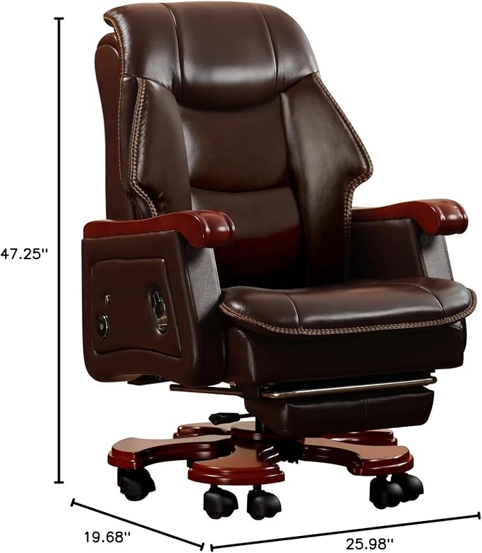 Kinnls Jones Genuine Leather Executive Office Chair with Massage Ventilation and Heating, Luxury Managerial Executive Home Desk Chairs, Big and Tall Recliner with Footrest (Massage Chair-Coffee)