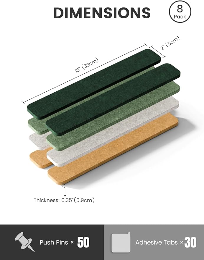 Cork Board Alternative Felt Strip Board 8-Pack 13"x2", Office Pin Board with 50 Push Pins, Adhesive Install for Bedroom Door & Home Office(Moss Glimmer)