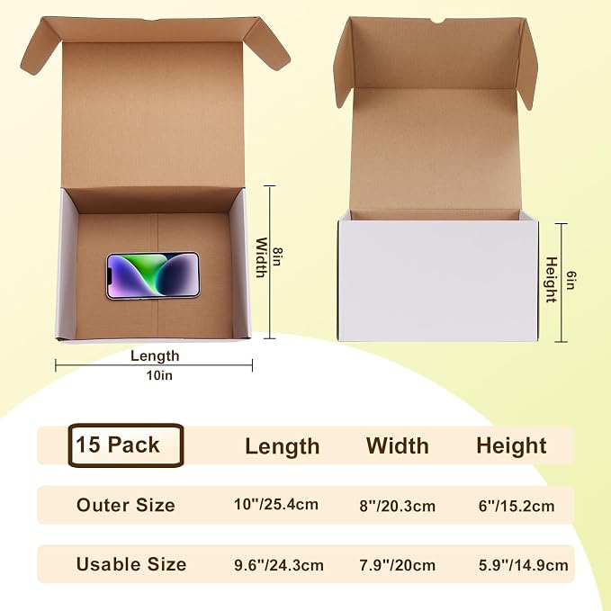 WIFTREY 10x8x6 inches Shipping Boxes White set of 15, 10 x 8 x 6 Corrugated Cardboard Boxes for Packaging Small Business, Moving, Mailing