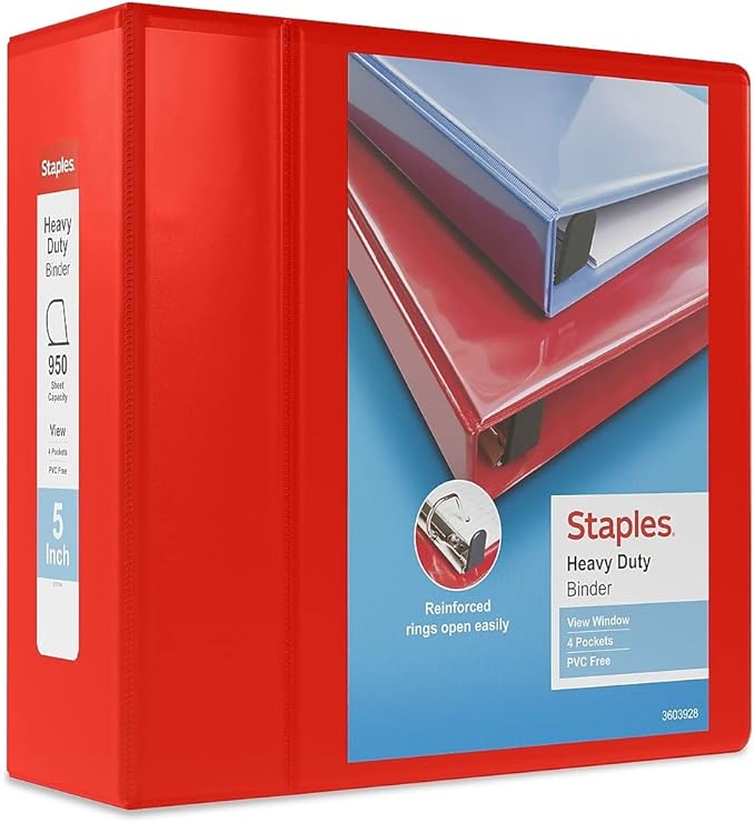 Staples Heavy-Duty 5-Inch D-Ring View Binder, Extra Large Capacity Holds Up to 1,000 Sheets, Red, for Office & Archiving