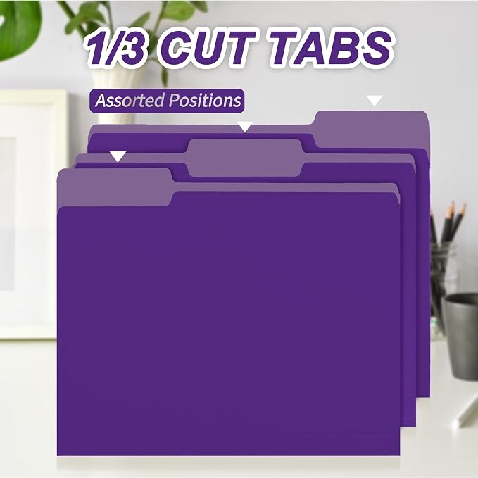 100 Packs Purple File Folder,1/3-Cut Tabs,Manilla File Folders Letter Size,8.5x11 Paper File Folders for Office Filing,School Projects and Home,Organizer Documents