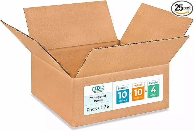 Medium Moving & Shipping Boxes 10"L x 10"W x 4"H (25-Pack) - Extra Strength 200 lb vs Regular - USA-Made Corrugated Shipping Boxes for USPS/UPS/FEDEX - Heavy Duty Box for Packing by IDL Packaging