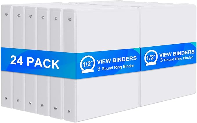 ViVin 1/2 Inch Binders 3 Ring, Sturdy Half Inch Binders, 24 Pack, White | PVC-Free, Fits 100 Sheets of 8.5'' x 11'' Paper, Clear View Cover, 2 Interior Pockets, Office Home School Use