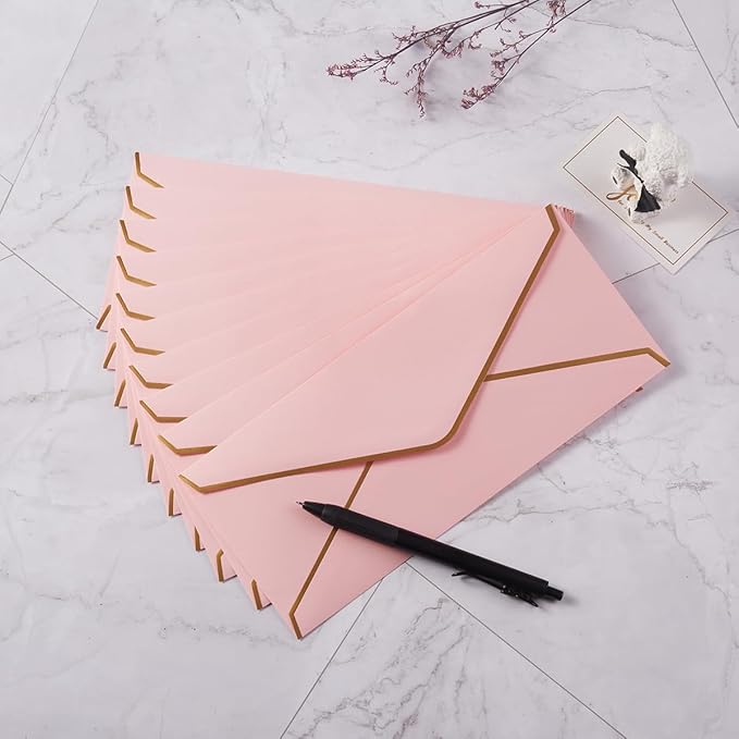 50 Pack #10 Business Envelopes with Gold Border, Self Seal Standard Envelopes with Gold Stickers for Office, Checks, Letter Mailing, Invoices, 4 1/8 x 9 1/2 Inches (Pink)