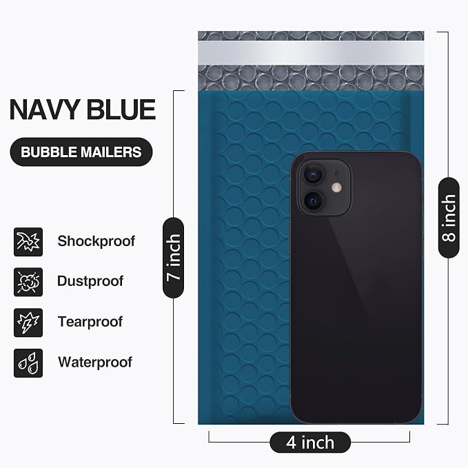 UCGOU Bubble Mailers 4x8" Navy Blue 50 Pack Usable Size 4x7" Padded Mailers | Opaque Self Seal Adhesive Waterproof Boutique Padded Envelopes for Jewelry Makeup Small Bubble Mailers for Trading Cards #000