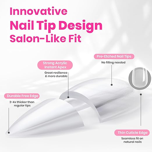 Beetles Tipex Lite Heart Cutout Nail Tips, Pre-Built Apex Almond Medium, 16 Sizes 256pcs, Flat Nail Friendly Acrylic Tips, Easy DIY for Beginners