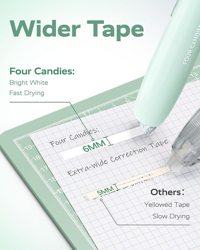 Four Candies Refillable Correction Tape, 4PCS White Tape with 4 Refills | Smooth White Pull-Out Tape for Instant Corrections, Easy to Use Applicator for Office, School Supplies (Green)