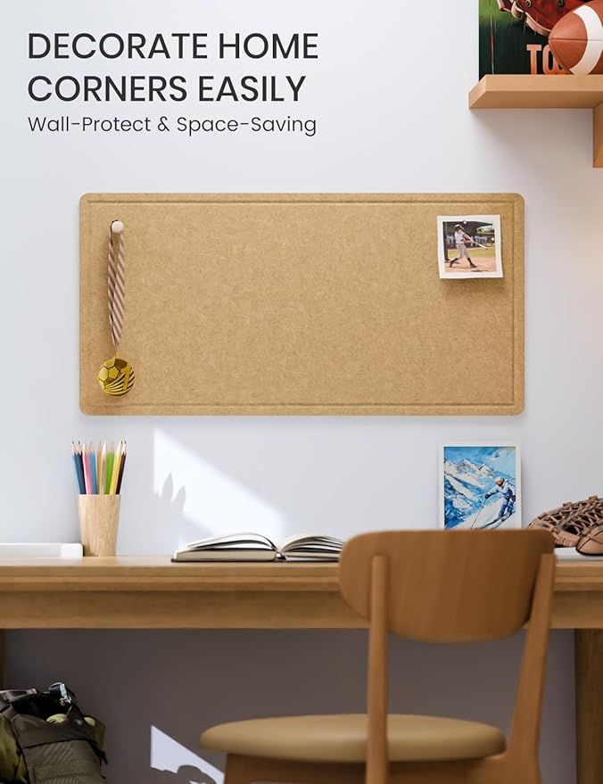 Fluxynara Bulletin Board, 35" x 17.5" Cork Board Alternative with 12 Safe Removable Adhesive Tabs, Foldable Felt Pin Board for Home Office, Classroom, Bedroom,Entryway for Walls— Mustard Yellow