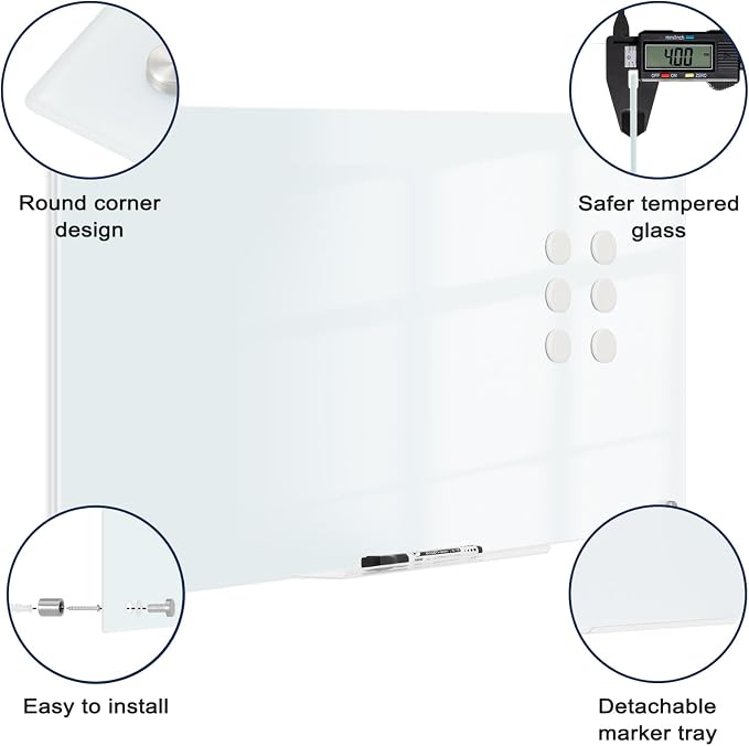Magnetic Glass Whiteboard, 30" x 20", Frameless Wall Mount, Normal White | Glass Dry Erase Board for Wall, Includes 1 Marker Tray and 6 Magnets, White Board for Office, Home, Classroom