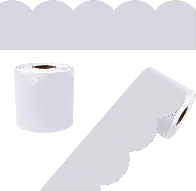 Carson Dellosa Education 65Ft of Light Gray Bulletin Board Borders, 1 Roll of Grey Scalloped Trim for Rolling Whiteboard, Cork and Posterboard, Party, Office Decorations, and Classroom Decor