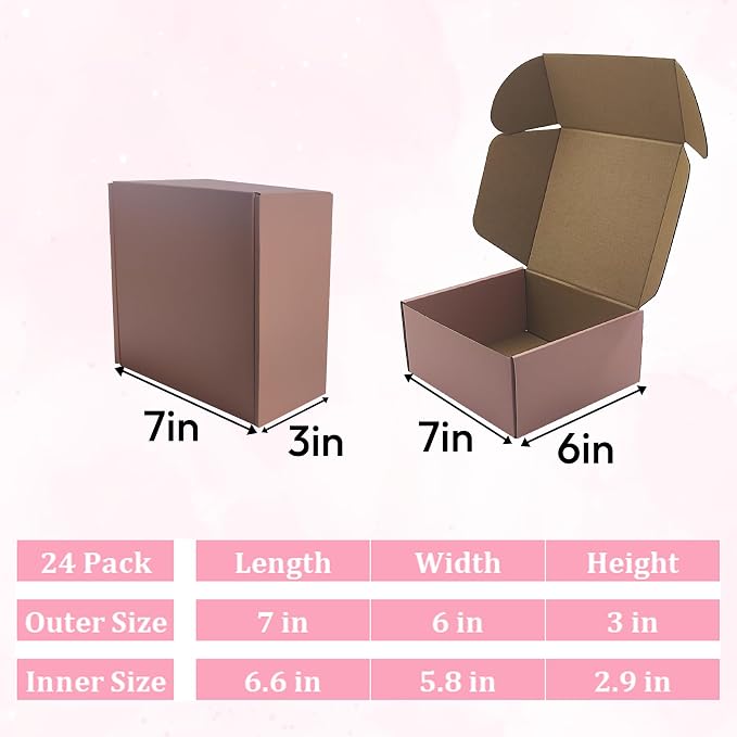 Pink Shipping Boxes 24 Pack 7x6x3 inches, Corrugated Cardboard Mailer Boxes | Easy Assembly, Recyclable Mailers for Small Business and Gift Giving, Colorful Packing Box for Jewelry, Cosmetics and Perfume