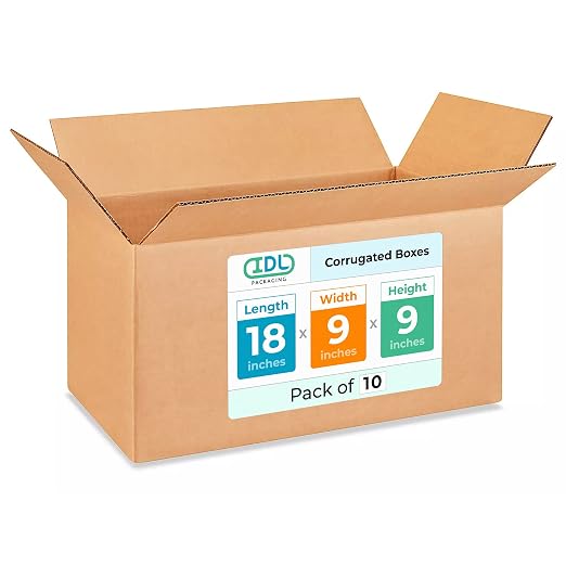 Long Moving & Shipping Boxes 18x9x9 inches (10-Pack) - Extra Strength 200 lb vs Regular - Corrugated Strong Packing Boxes for Moving - Heavy Duty Box - Long Box for Shipping by IDL Packaging | Extra Strength 200 lb vs Regular - Corrugated Strong Packin...