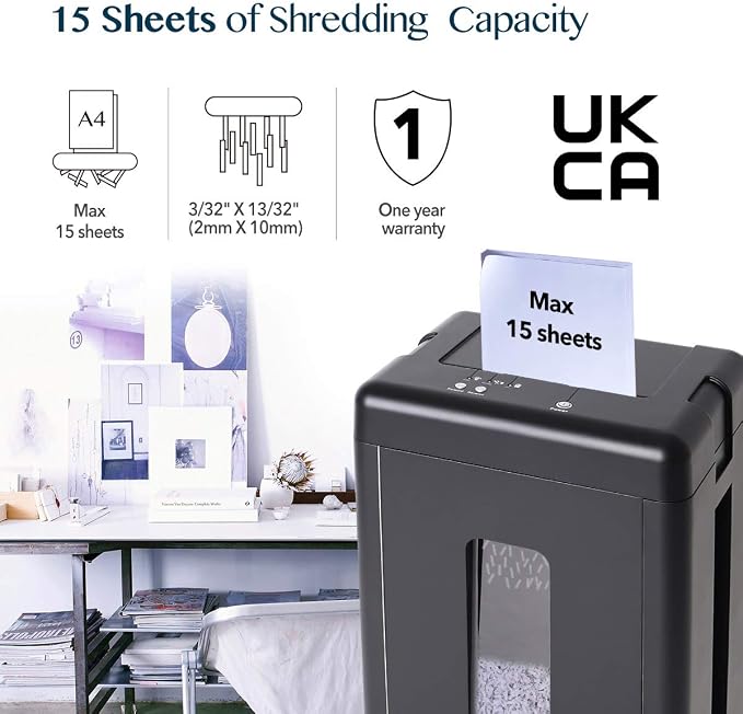 WOLVERINE SD9520 P5 Super Micro Cut Shredder, 15-Sheet, 2x10mm, 8Gal, Black | P-5 Super Micro Cut | 2×10mm | 15-Sheet | 12.5ft/min | 56dB | 8Gal | CDs | Induction Motor | ETL Listed