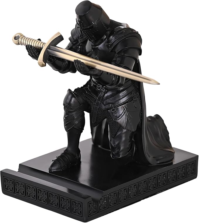 Medieval Templar Vanguard Officer Knight Pen Holder Desk Organizers Black | Pencil Stand Paperweight Desktop Decoration Accessories Cell Phone Stand with a Fancy Sword for Medieval Warrior Enthusiast