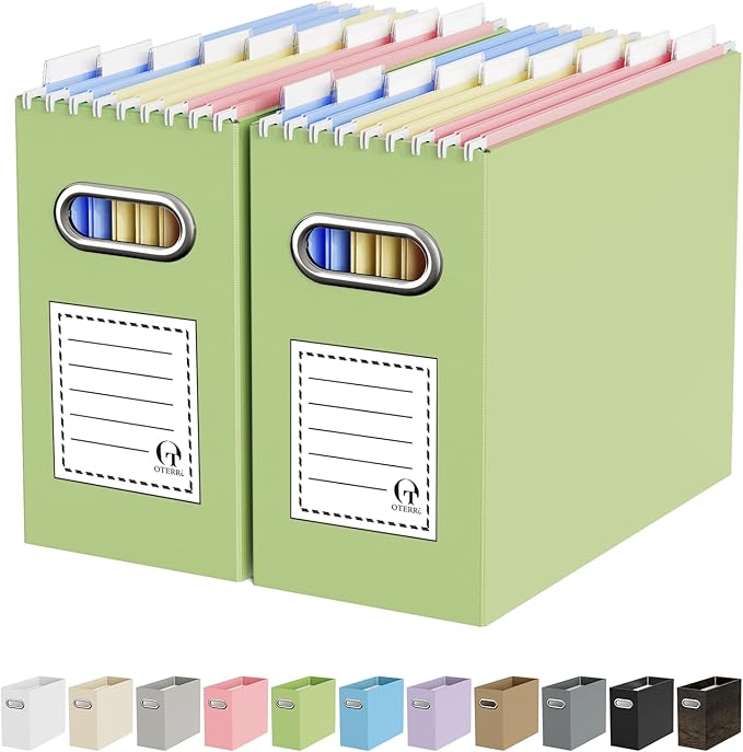Portable Collapsible Cardboard File Box with Handle for Letter-Size | 2-Pack. Stainless Steel Handle. Label Stickers Included. Fits Letter Folders (Not Included). Home, Office, School, Dorm, Tax.