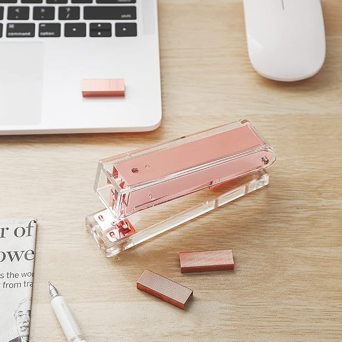 Acrylic Rose Gold Tape Dispenser Desktop Stapler, Acrylic Office Supplies Includes Staple Remover, Tape, 1000pcs Staples Desk Accessory Kit, Modern Clear Stationery Kit for Everyday Office Needs