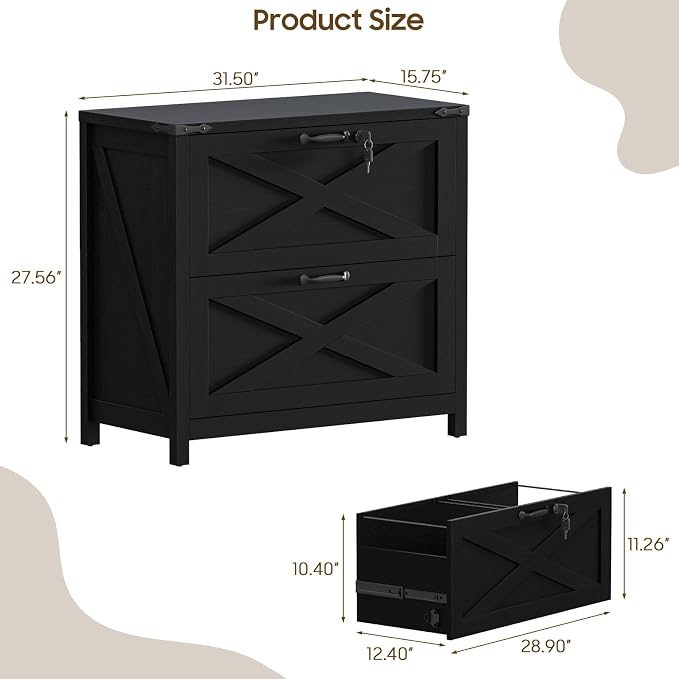 Halitaa Farmhouse Lateral File Cabinet with 2 Drawers, Rustic Black | Lateral Filing Cabinet with Lock for Letter/A4/Legal Size, Large Wood File Storage Cabinet Printer Stand for Home Office