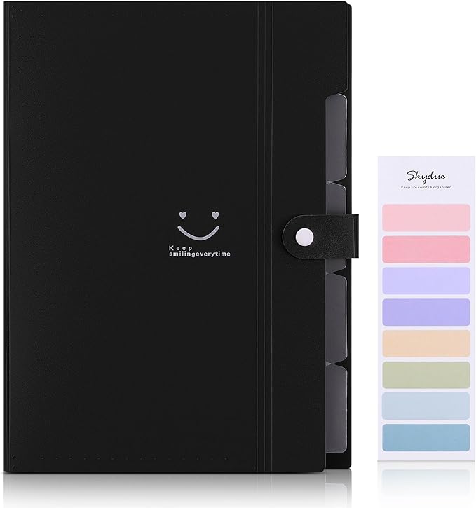 SKYDUE File Folder with 8 Labels, 5 Pockets Accordion Paper Organizer for School and Office，A4 Letter Size，Black