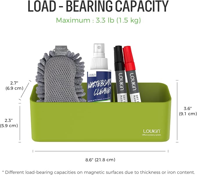 loukin Magnetic & Adhesive Marker Holder, Whiteboard Accessory Tray, Green | 8.6" × 2.7", Holds 4 Erasers and 12 Markers, Supports up to 3.3 lb, 2 Mounting Options, Fits Glass and Refrigerators