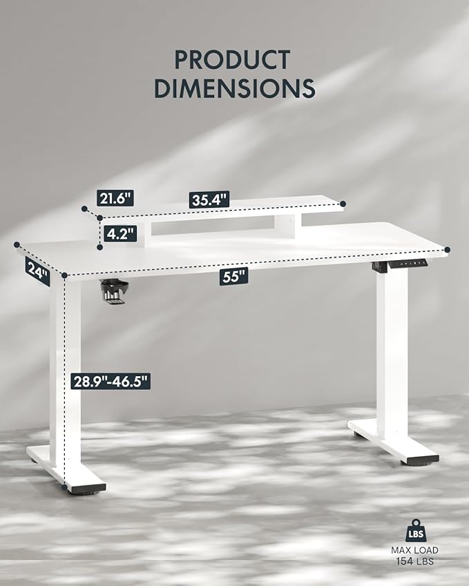 FLEXISPOT Standing Desk with Monitor Stand, 55 x 24 Inches One-Piece Electric Height Adjustable Computer Desk with Cup Holder for Home Office, White