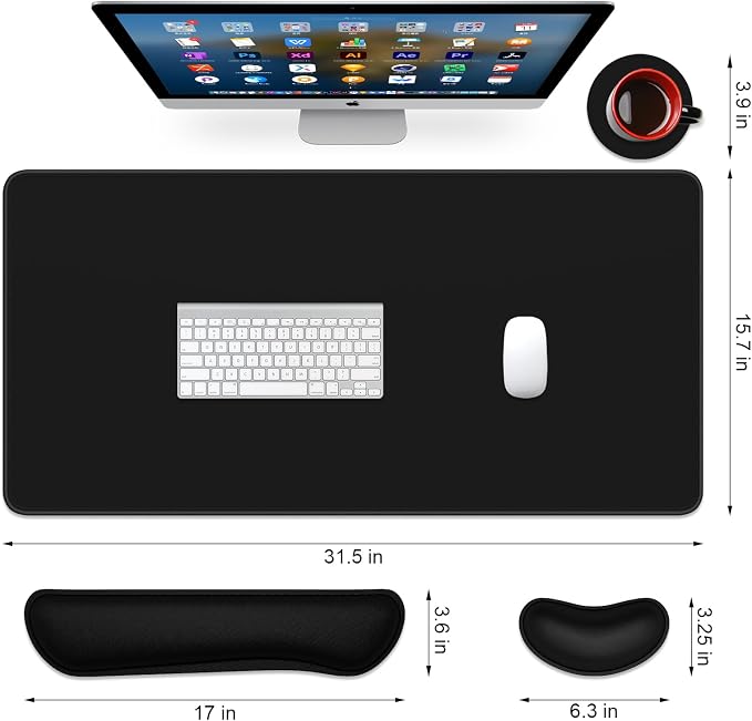 Dapesuom Keyboard Wrist Rest Mouse Pad Set, 4Pcs Extended Large XXL Gaming Mousepad + Mouse Wrist Cushion + Memory Foam Keyboard Wrist Support + Cup Coaster, Black 31.5x15.7in Desk Pad for Home Office