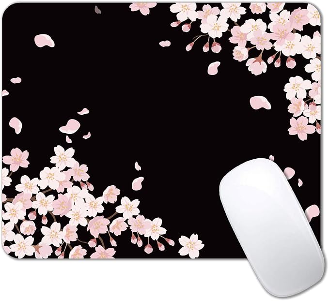 Cute Pink Flowers Mouse Pad, Cherry Blossom Mouse Pad, Serene Blossoms on Black Elegant Floral Mousepad, Japanese Minimalistic Mice pad for Computer Office Girl, 9.5 x 7.9 Inch