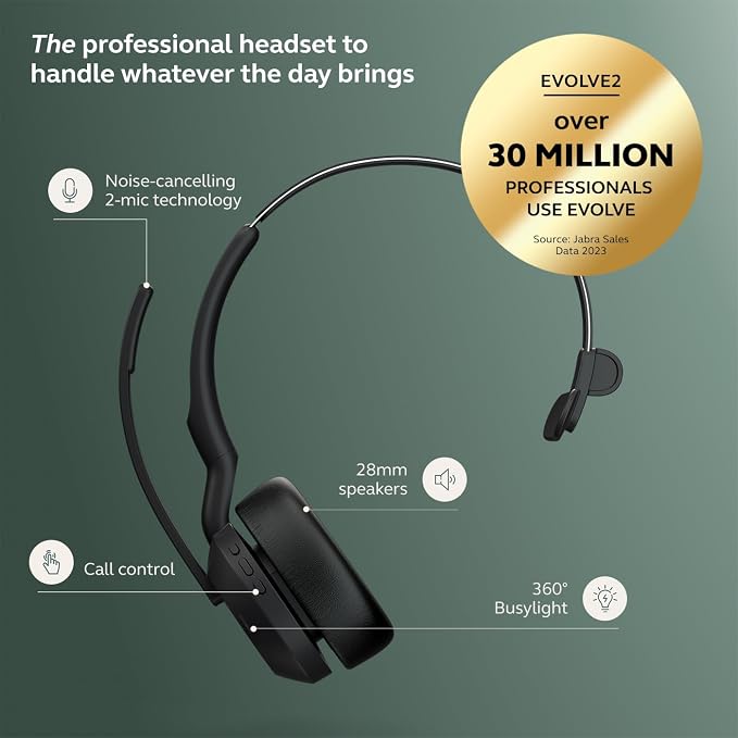 Jabra Evolve2 55 Mono Wireless Headset - Features AirComfort Technology, Noise-Cancelling Mics & Active Noise Cancellation - Works with UC Platforms Such as Zoom & Google Meet - Black