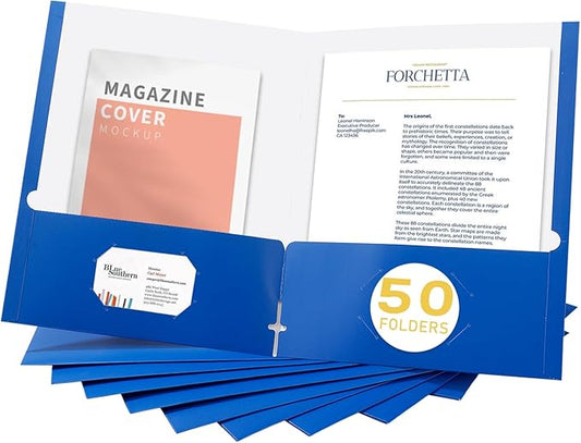 Zzrywuty File Folders with Pockets Letter Size,50-Pack Paper Folders with Card Slot,Blue Two Pocket Folders for School Students,Businessmen,Home and Office Workers