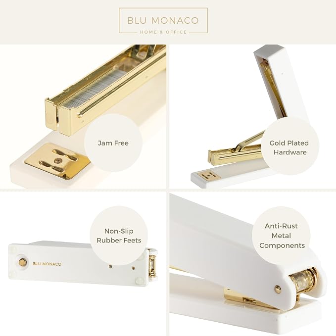 BLU MONACO | White and Gold Stapler | Chic Desktop Stapler with Smooth Metal Mechanism | Stylish Office Supply for Home, School & Work