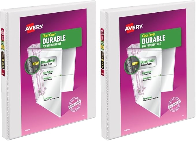 Avery Durable View 3 Ring Binder,0.5" Slant Rings,135-Sheet Capacity,0.7 Inch Wide Spine,Great for Home,School Supplies,Office,or Organization Needs,1 White Binder (17002),(Pack of 2)