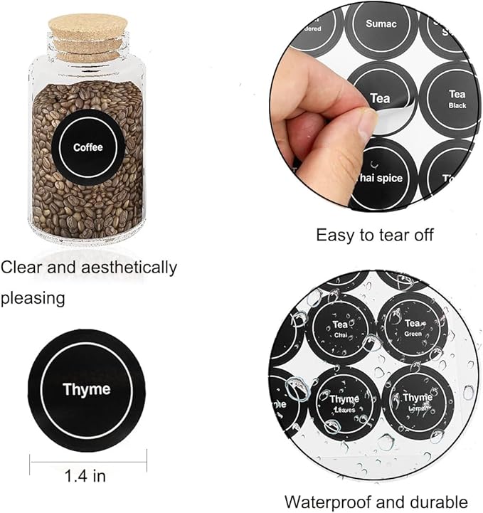 Spice Labels, 432Pcs Spice Labels Stickers 1.4in Waterproof Adhesive Round Preprinted Spice with Blank Label Black Tear Resistant Sticker for Kitchen Jars Caps Food Containers Spice Organizers