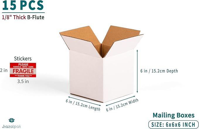 6x6x6 inch Shipping Boxes, 6x6 White Small Box, 15 Pack | 6" Box for Coffee Mugs, Crafts, Candles, Gifts, Mailing, Packaging, Storing, Corrugated Cardboard, with Fragile Stickers
