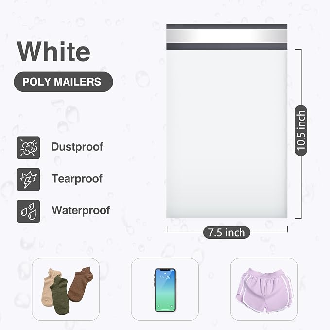 UCGOU Poly Mailers 7.5x10.5 Inch White 100 Pack Shipping Bags Strong Thick Mailing Envelopes Self Sealing Adhesive Waterproof and Tear Proof Boutique Packaging Postal for Clothing