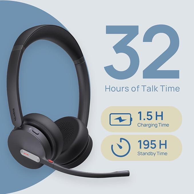 Yealink WH64 Dual UC DECT Bluetooth Wireless Headset for Phone PC Cellphone | Zoom Certified Stereo Headphones, 606ft Long Range, 3X Noise Canceling Mic, 32H Talk Time, Mute Botton for Office Call Center
