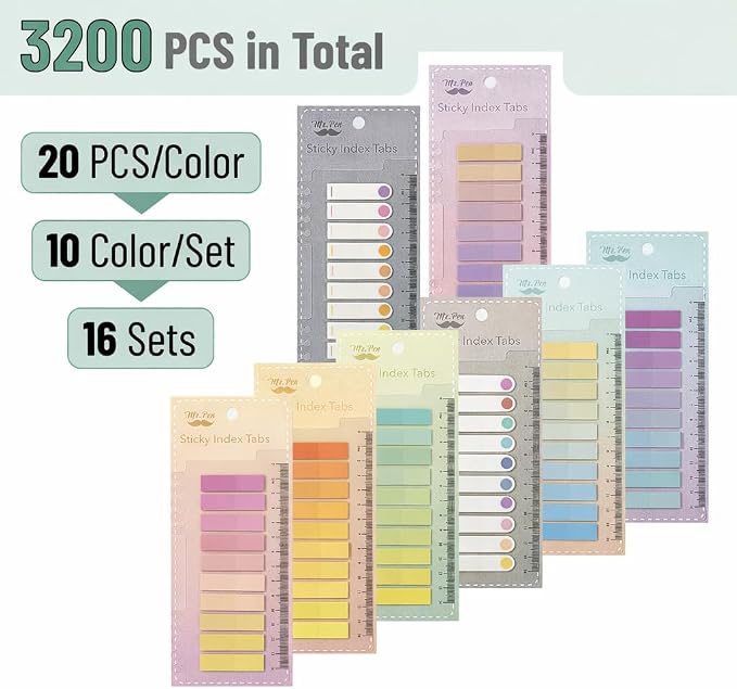 Mr. Pen- Colorful Sticky Tabs, 16 Sets, 3200 pcs, Translucent Page Markers | Water-Resistant Book Tabs for Annotating, Bible Study, Planning, Indexing & Document Organization, Pastel