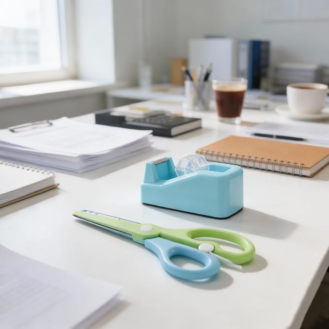 Desktop Tape Dispenser Kits with Weighted Nonskid Base Tape Dispenser- Includes 9 Rolls of Transparent Tape(0.71 Inch x 500 inches Each) & Blue Scissors, 2 Pcs Tweezers (Lake Blue)