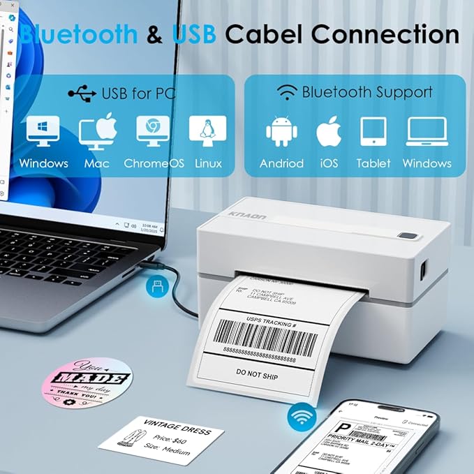 Bluetooth Thermal Shipping Label Printer, 4x6 Portable Thermal Address Label Printer for Small Business, Compatible with iPhone,Android,Windows,Mac–Works with Etsy Shopify USPS&More, White