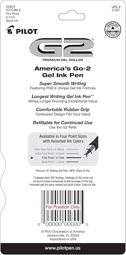 PILOT G2 Premium Rolling Ball Gel Pens, Black Ink, 4-Pack