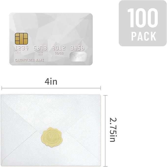 100 Pack Mini Pearl White Envelopes, 4 x 2.75" Shimmer Gift Card Envelopes, Gift Card Holder, Small Business Card Envelopes for Invitations, Wedding, Birthday Party, Baby Shower
