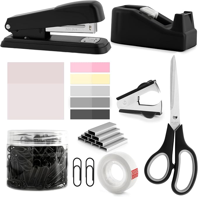 Black Office Supplies for Kids, Black Desk Accessories, Stapler and Tape Dispenser Set for Kids, Women, Office Gift for Women, Boss Lady, Office Lady, Coworkers, Office Clerks, School Kids