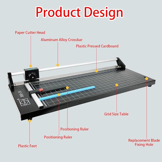 24 Inch Manual Precision Rotary Paper Trimmer,with Measurement Grids,Cutter for Cutting Various Types of Photo Paper, Thin Plastic Soft Board, PVC,Cutting Table,Professional Rolling Trimmer
